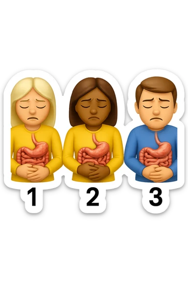 emoji stile iphone di 3 persone, due donne e un uomo, con intestino realistico e mal di pancia, sulle donne ci sono i numeri 1, 2 e sull'uomo il 3, iperrealistico 4k sticker