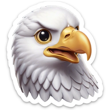 Cinematic Cute American Eagle Portrait Emoji, Head tilted playfully and inquisitively, featuring a streamlined form with a subtle blend of dark and white plumage and round, sparkling eyes full of spirited charm, Simplified yet irresistibly adorable features, highly detailed, glowing with a warm, inviting glow, high shine, affectionate and lively, stylized with a touch of whimsical aerial grace, soft glowing outline, capturing the essence of a mischievous yet endearing American eagle that seems as if it could glide out of the screen into your heart! sticker