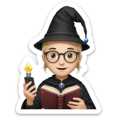 ["A happy boy with light skin, ponytail, wearing a wizard hat and square glasses, dressed in goth fashion, is reading a book while holding a phone."] sticker
