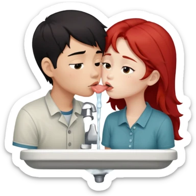 asian black haired boy kisses redhead girlfriend by broken sink sticker