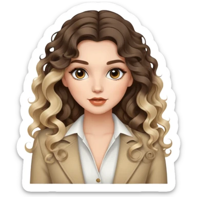 beautiful brunette with blondish balayage white female with nice curls/defined waves, very long hair, clean girl makeup and nice outfit  sticker