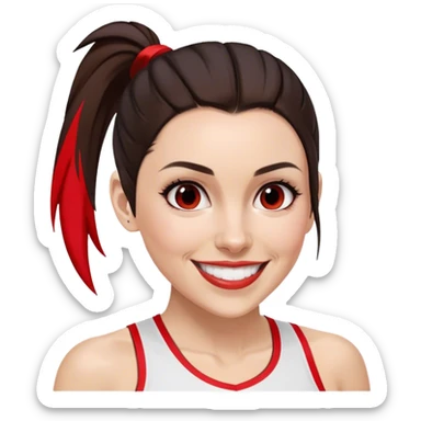 Melanie chisholm with a dark brown high ponytail with a red streak through it, wearing athletic attire and smiling sticker