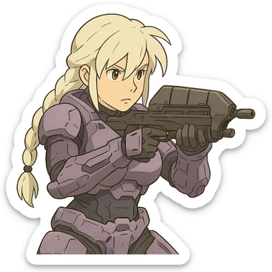 female, wearing reach spartan armor shoulder-unequip, long white braid hair with massive messy front side single bangs, gold yellow eyes, attention pose, HALO:series, no helmet, the armor is lavender color scheme, shoulder pad off. DDD bust size fitting. ,  aiming a classic HALO1 AR, tactical, lean sticker