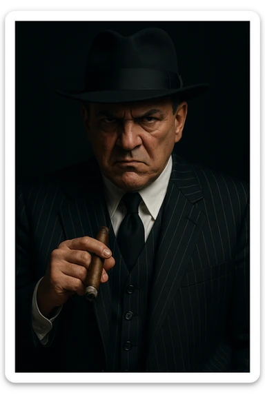 mafia boss, classic pinstripe suit, fedora, cigar, intimidating expression, dark background sticker