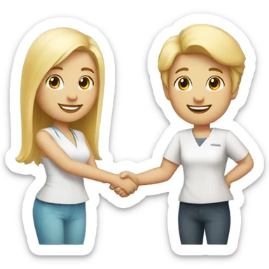 adult restaurant owner with white skin and blogger with white skin and blonde hair shaking hands in full height sticker