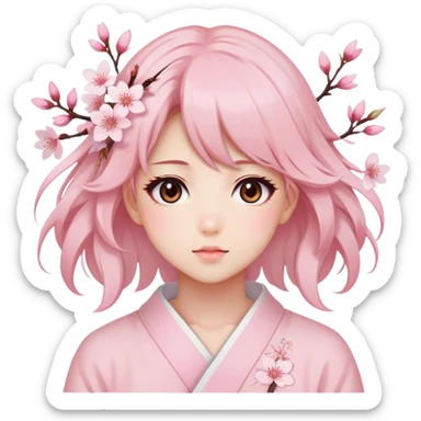 A Gorgeous Beautiful Anime Lady Sakura Cherry Blossom and Pretty Hair, pastelcore aesthetic, pastel pink and white sticker