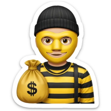 yellow robber wears black eye mask, black beanies and black and white stibes shirt with one brown money bag beside him sticker