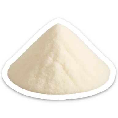 small translucent pile of fine off-white powder with a light fluffy texture, gently mounded or slightly scattered, very fine matte grains resembling starch or gelatin substitute, no spoon bowl or extras, soft lighting, subtle shadows, emoji scale sticker
