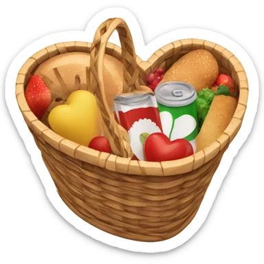 Heart shaped picnic basket with food in it and a white bow on it sticker