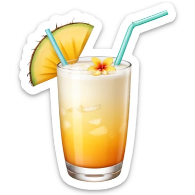 A beautiful cocktail with a creamy white to orange gradient, containing coconut juice and mango, reminiscent of summer. Above, there are tropical flowers, lemon slices, and a straws. sticker