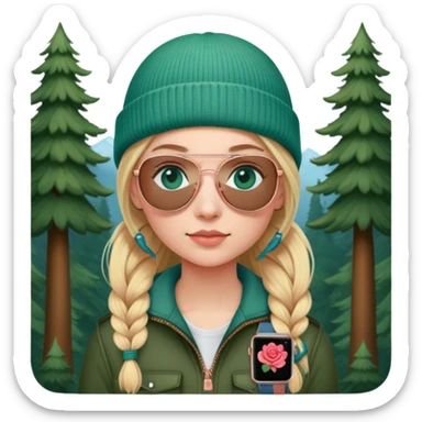 girl with pigtailed blond hair
with blue eyes
and aviator sunglasses
wearing beanie
wearing (rose gold apple watch with forest green band) sticker
