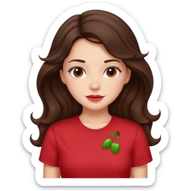 Brunette girl with long wavy hai length hair and blush, wearing cherry red tshirt sticker