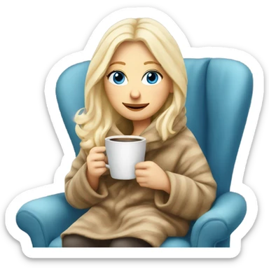 Blonde hair blue eyed white girl covered in blanket winter vibe sitting on a cozy chair holding coffee sticker
