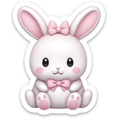 A pudgy bunny in authentic Sanrio style exactly like My Melody, two long floppy ears, round face, very minimal facial features with just simple eyes and tiny mouth, tiny spikes, light pink and white colors, small bow, ultra kawaii and simple sticker
