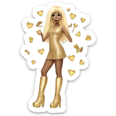 Tall blonde pop star wearing a good fringe mini dress , gold sparkly knee high boots and raising hand over her head in a hand heart  sticker