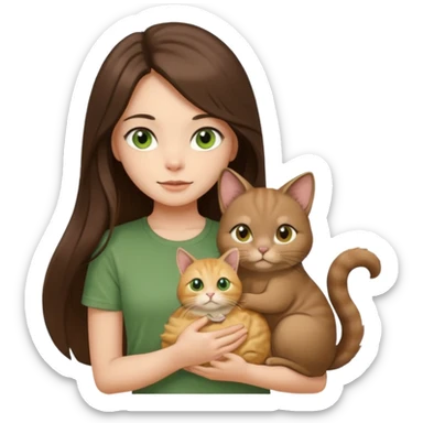 brunette girl with long hair and brown eyes in a brown T-shirt holds a golden chinchilla cat in her arms a cat with green eyes sticker