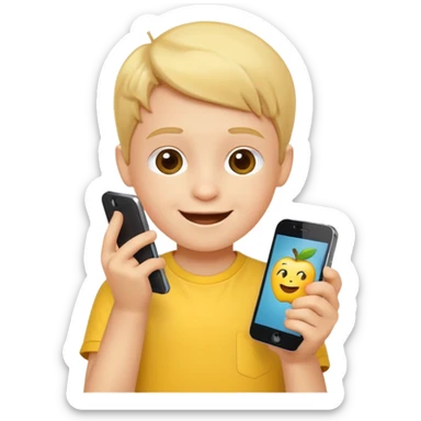 happy little kid with a phone, apple style emoji, wearing a yellow shirt, concise style typical of apple emojis sticker