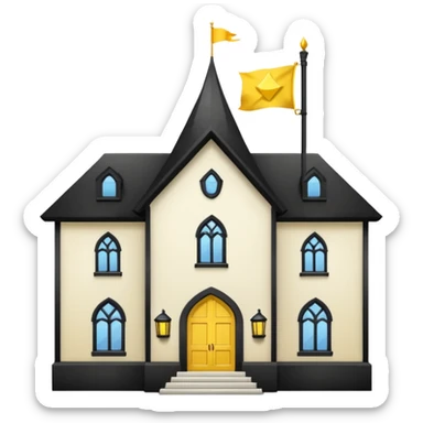 white background, magic school, black roof, with a big flag, big flag on a roof, big yellow flag, white school sticker
