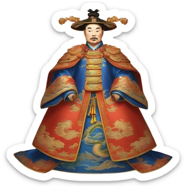 Qianlong, Qing dynasty's emperor, is recognized by his majestic attire: dragon-adorned imperial robes, a court headdress, and a ceremonial scepter. 🐉👑 sticker