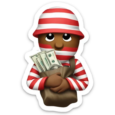 Make me a robber with a red and withe stripes as a shurt holding a money bag on the back sticker