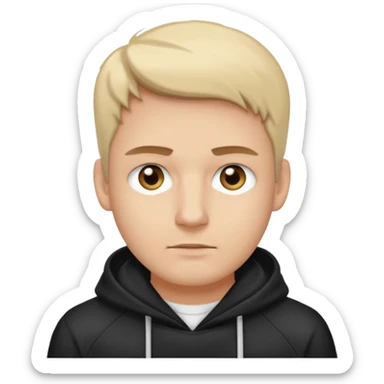 Crea un hombre alto, blanco, rubio, con ojos café claro, con músculos, camisa blanca con una sudadera negra, alto y guapo sticker