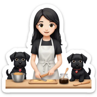 pale smiling girl baking with long back hair wearing black long shirt wearing apron holding black  schnauzer sticker
