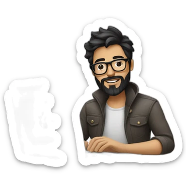 Designer with black hair, beard and glasses working with MacBook and drinking cappuccino  sticker