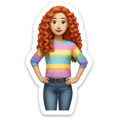 white girl with long red curly hair, wearing a pastel rainbow shirt doing a pose sticker