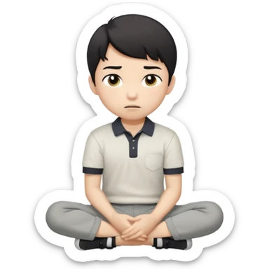 A cartoon young Asian boy with short black hair, light beige skin, and large expressive eyes, wearing a white polo shirt, gray pants, and black shoes. He sits cross-legged on the ground, one fist resting on his cheek, with a closed-mouth smirk. Clean lines, flat colors, solid black background. sticker