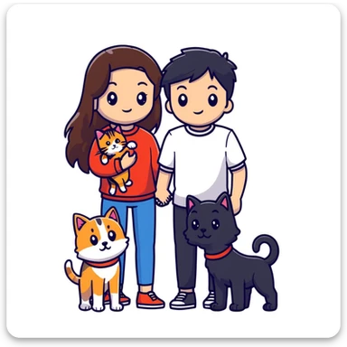 A girl with long brown hair holding the hand of a boy with black hair, both dressed in black, holding a cat and dog sticker