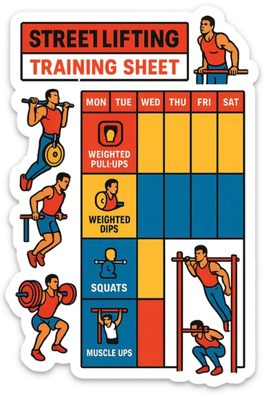 a streetlifting training sheet with icons for each exercise—weighted pull-ups, weighted dips, squats, muscle-ups—organized in a weekly schedule. Around the sheet, small illustrations show athletes performing each movement with proper form. The color palette is bold and energetic, and the background is clean and minimal. sticker