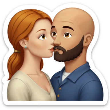 Couple. Bald man with dark brown-black beard. White woman with many small, faded freckles, she has white skin and she has auburn-yellow-brown-cinnamon, dark long hair. She has light brown eyes. The man have hazel eyes. Retro style. They kiss. sticker