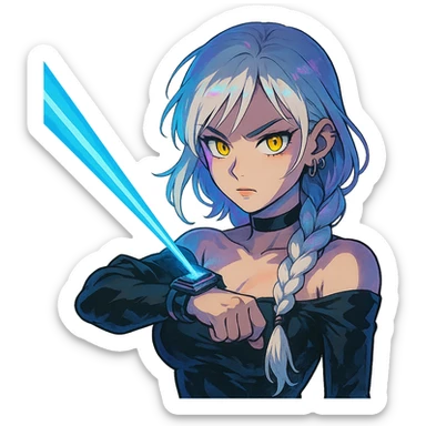  a closeup portrait of young woman with gold yellow eyes, white hair, long braid, black off-shoulder top d-cup, punk gothic style, futuristic cyberwave cyberpunk,  shooting a blue lazer from a small device on her left wrist sticker