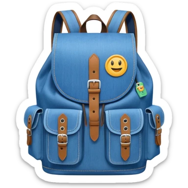 An emoji-style blue denim backpack with a flap top and two small buckle straps attached only on the flap, not connected to the front panel. No front pockets or vertical straps below the flap. Clean and minimal design with two side pockets. Cartoon icon, front view.



 sticker