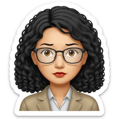 middle-aged Asian woman, long curly hair, small rectangular metal glasses, serious expression, manager sticker
