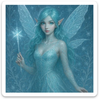 ice fairy with aqua-colored eyes and hair, holding a frosty wand, shimmering, elegant, fantasy style sticker