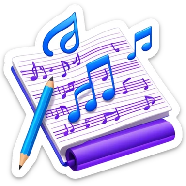 Emoji that represents music track writing. The design should feature a music composition sheet with musical notes and lyrics, a digital audio workstation (DAW) interface or soundwaves, and a pencil or pen to symbolize the writing process. Add a touch of technology with subtle elements like sound mixing sliders or waveform graphics. Use a blend of vibrant and inspiring colors, such as electric blue or neon purple, to evoke a sense of creativity and innovation. The background should be transparent. sticker