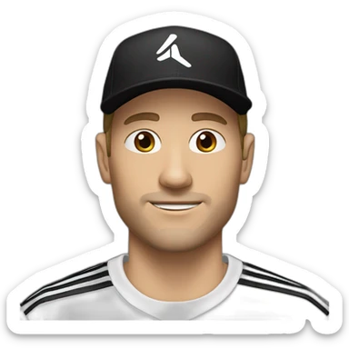 white man with stubble and a black adidas cap that has a white logo sticker