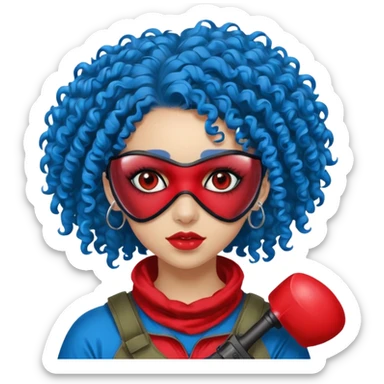 blue curly haired paintball playergirl with huge earrings, wearing red paintball eye mask, sticker