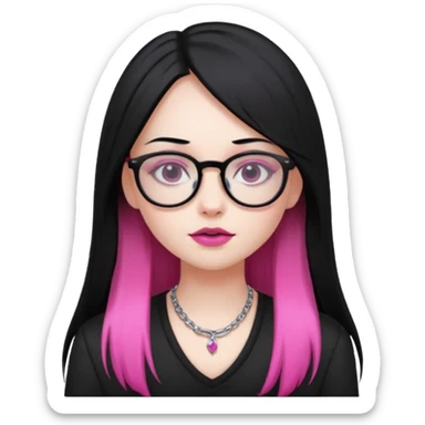pale girl with piercing, long straight black hair with pink ends, dark makeup, glasses, large chest sticker