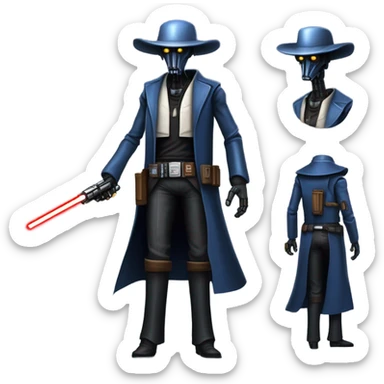 friendly frantic bounty hunter tarnished undercover tough well-equipped Jedi life-sized darkblue-pearl battle droid leather vest clothing pants and vest old west duster coat holding light saber sheriff holstered gun hat floating sticker