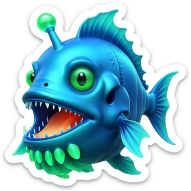 3D render of Anglerfish, bioluminescent deep sea style, glowing neon blue and green lights, dark background to contrast the glow, translucent organic textures, Apple emoji style. sticker