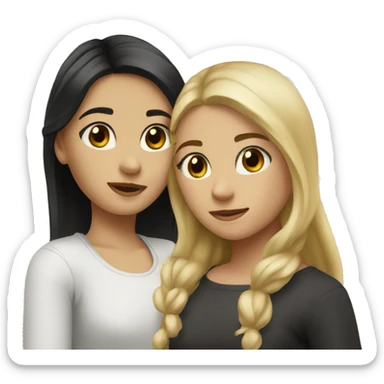 Two girls embracing. One with blonde hair and brown eyes and one with black hair and brown eyes  sticker