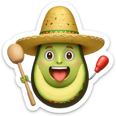 avocado in guacamole wearing a sombrero with a mallet mid-swing above, dynamic whack-a-mole action, iOS emoji style sticker