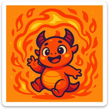 a baby monster with fire swirling around it, vibrant colors, playful and friendly expression, fantasy illustration sticker
