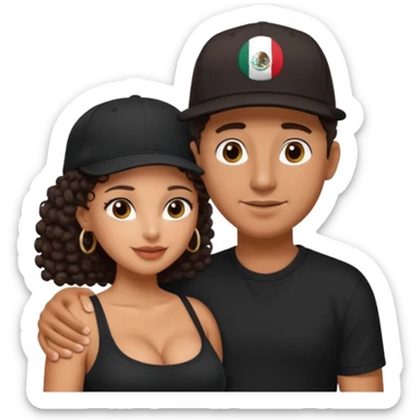 A picture of an embracing tanned couple. the man is a Mexican man with tanned skin, with a bald hair cut wearing a SnapBack hat and a black shirt. the woman has curly dark brown hair and with big boobs   sticker