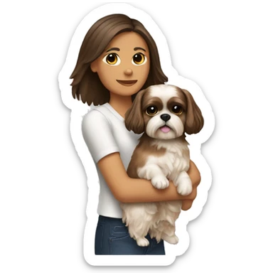 Brunette holding as tan shih tzu in her arms sticker