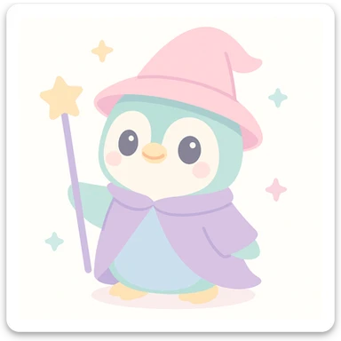 a penguin dressed as a wizard, with a pointy hat and a magic staff, in a fun and whimsical style sticker
