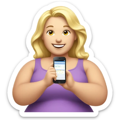 overweight curl blondie woman happy with a smartphone in hands showing charts sticker