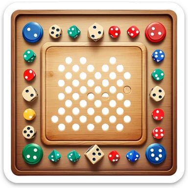 A photorealistic icon featuring a wooden board with a variety of game pieces, dice, a spinning top, and a set of colorful tokens. The design includes a rich, detailed texture of the board and game pieces, capturing the fun and strategy of different tabletop games. Transparent background. sticker